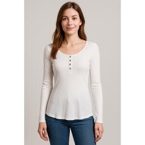T PARTY Women's Long Sleeve Soft Ribbed Knit Thermal Henley T-Shirt Size L White